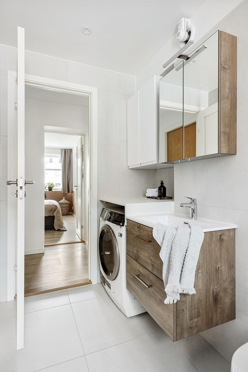Buanderie domestique contemporaine avec lave-linge clairement visible