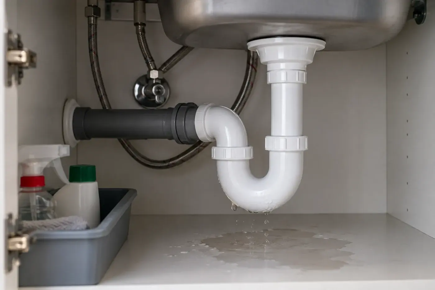 Intérieur d’un meuble sous évier avec siphon blanc, gouttes et flaque d’eau visibles